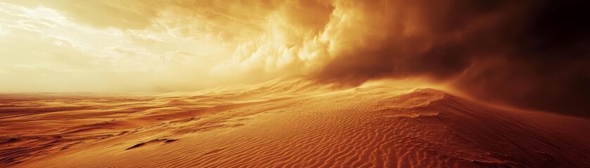 A dramatic sandstorm sweeping across a desert landscape, with dunes being reshaped by the powerful wind, warm tones, high contrast, wideangle shot, intense atmosphere