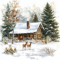 Winter Cottage Scene with Snow and Deer in a Serene Landscape