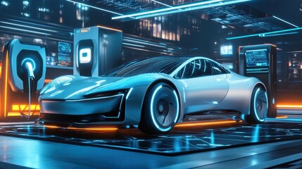 Obraz premium Futuristic Electric Car Charging in a Neon-Lit Garage