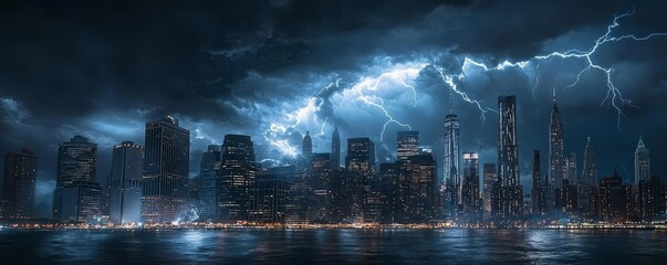 Obraz premium A lightning storm over a city skyline at night, with bolts of lightning illuminating the buildings below, high contrast, cool tones, dramatic atmosphere, wideangle shot