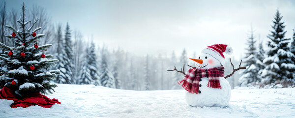 Cute snowman with red scarf and hat near Christmas tree in snow for holiday greetings banner