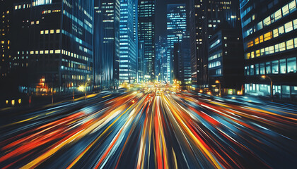 Naklejka premium A bustling city at night, with skyscrapers illuminated and traffic creating streaks of light