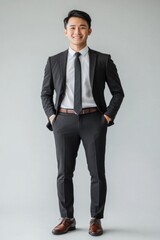 photo of asian model wearing formal suit, photo of business man or professional worker, behind white background