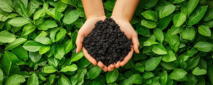 Hands holding a pile of biochar over a lush green garden, showcasing the eco-friendly benefits of carbon sequestration and soil enrichment