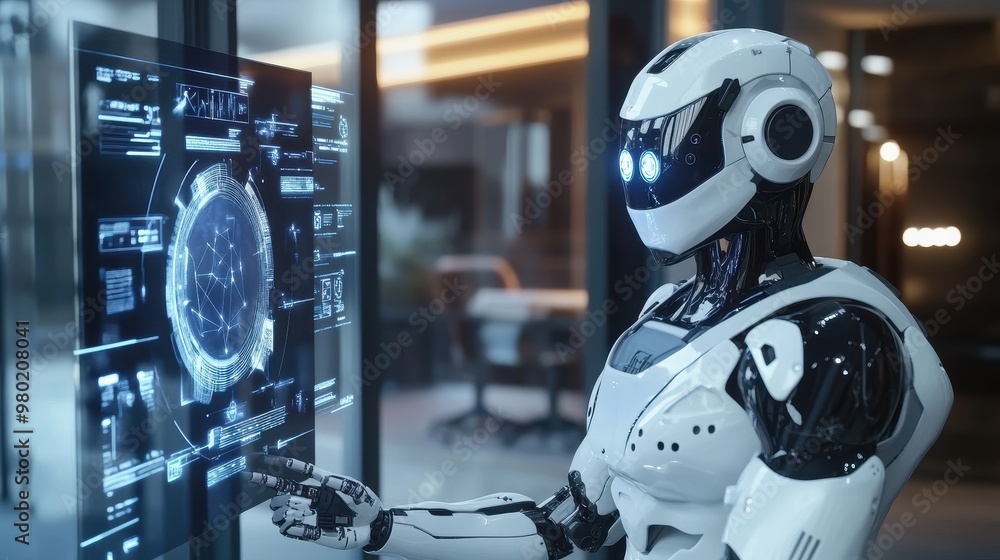 Poster futuristic robot interacting with a digital interface