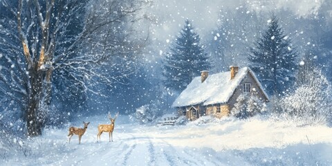 Winter Cottage Scene with Snow and Deer in a Serene Landscape