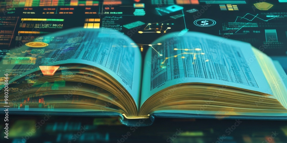 Aufkleber an open book explores the intersection of technology and education. digital graphics float above the