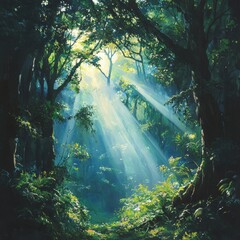 Sunbeams Through Lush Green Forest Canopy
