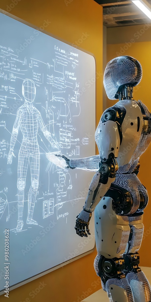 Poster a humanoid robot with a white and black body points at a futuristic digital screen with a skeletal s