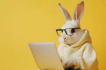 A rabbit in glasses and a hoodie working on a laptop against a yellow background.