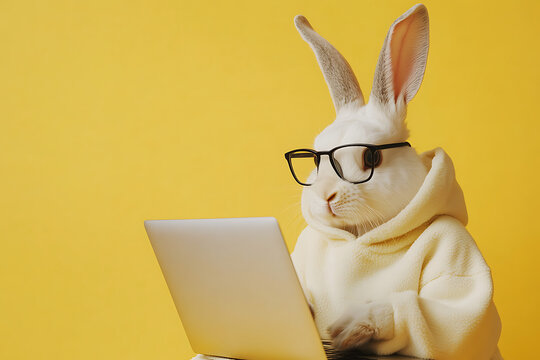 A rabbit in glasses and a hoodie working on a laptop against a yellow background.
