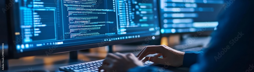 Poster programmer working late at night with blue code on monitor