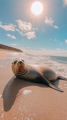 Obraz premium Sea lion lounging on a sunny beach, basking under the warm sun with gentle waves lapping at the shore.