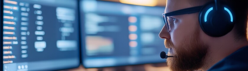 Man with Headphones Working on Computer