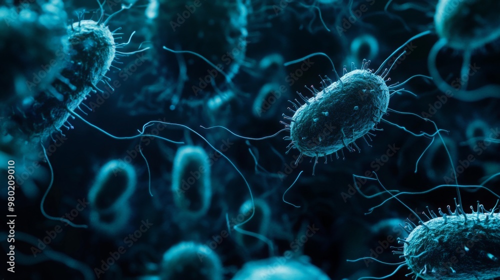 Leinwandbilder the image depicts a microscopic view of several bacteria floating in a dark blue liquid. the bacteri