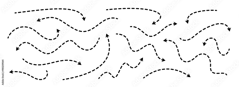 Poster Black dashed arrows set. Wavy and curved dotted arrow collection. Doodle sketched thin pointers and direction lines. Outline stripe design elements bundle for flyer, poster, brochure. Vector