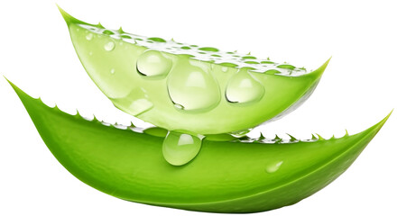 Set Of Fresh Aloevera Slices PNG with Drops of Alovera Plant Juice isolated on white and transparent background - Organic Aloe vera piece leaf pulp For Skin Care Advertising Concept