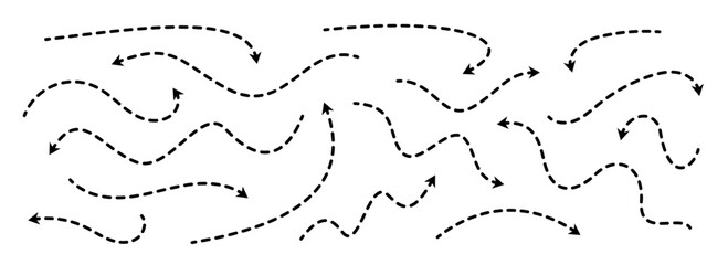 Black dashed arrows set. Wavy and curved dotted arrow collection. Doodle sketched thin pointers and direction lines. Outline stripe design elements bundle for flyer, poster, brochure. Vector