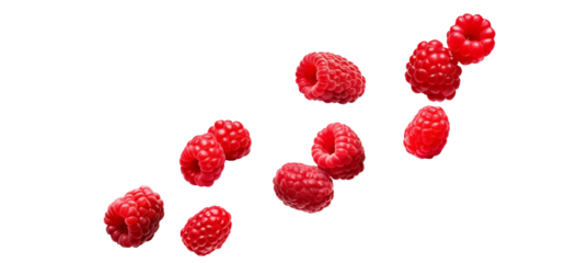 Close Up To a Set of Flying or floating Fresh Red raspberries PNG isolated on white and transparent background - Ripe Raspberry Healthy fruit For Juice Drinking Concept