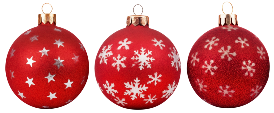 Close Up Front View To a Set of Decorted Christmas Red balls PNG isolated on white and transparent background - Holiday Christmas Tree Ornaments Colorful Glitter balls Xmas Festive Celebration
