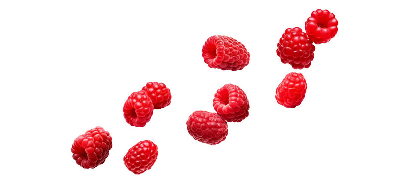 Close Up To a Set of Flying or floating Fresh Red raspberries PNG isolated on white and transparent background - Ripe Raspberry Healthy fruit For Juice Drinking Concept