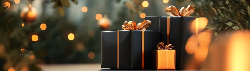 Black Gift Boxes with Gold Ribbons and Bokeh Lights