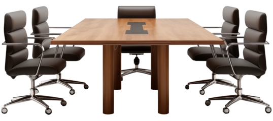 Close Up To an Office conference table PNG with Chairs isolated on white and transparent background - Office Meeting Boardroom table Workstation setup Business Concept