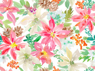 A seamless Christmas pattern of abstract poinsettias painted in watercolor with a transparent background. Poinsettia wallpaper. A Christmas pattern for advertising, gift wrapping, banners, and cards.