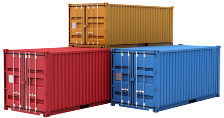 Side View To a Set Of Colored shipping containers PNG isolated on white and transparent background - Cargo Freight container Industrial Transport Large Metal box For storage Concept