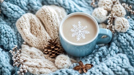 Fototapeta premium Cozy Winter Scene with Hot Chocolate and Snowflake Latte Art