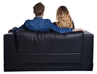 Close Up Back View To a Couple sitting on a Black couch PNG isolated on white and transparent background - couple Relaxing on a Cozy Sofa Casual home interior Decor