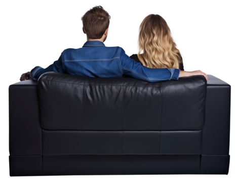 Close Up Back View To a Couple sitting on a Black couch PNG isolated on white and transparent background - couple Relaxing on a Cozy Sofa Casual home interior Decor