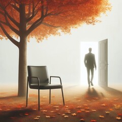 Obraz premium Loneliness and the way to light through an open door, an autumn tree in the background.