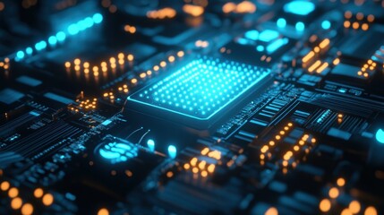 Obraz premium Glowing Motherboard with Blue and Orange Lights