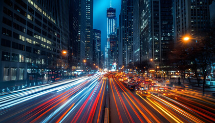 Obraz premium A bustling city at night, with skyscrapers illuminated and traffic creating streaks of light