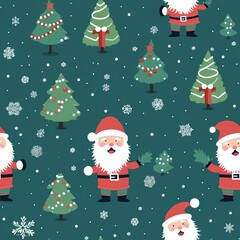 Christmas seamless pattern with cute Santa Claus and Christmas trees on a green background. The design template. Happy New Year template. Seasonal greetings.