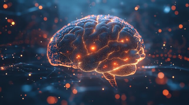 A detailed depiction of a brain model glowing with vibrant connections, set against a dark digital backdrop filled with particles and lights