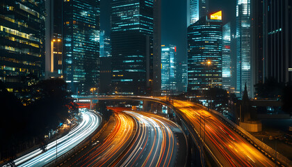 Naklejka premium A bustling city at night, with skyscrapers illuminated and traffic creating streaks of light