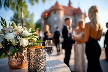 A wedding taking place on the grounds of Trakai Castle, with the historic building providing a majestic backdrop