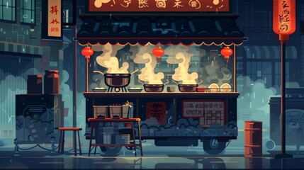 An illustrated scene of a street food cart with steaming hot bowls of ramen