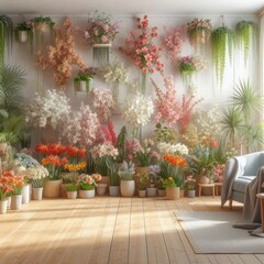 Fototapeta premium A bright room filled with potted flowers.