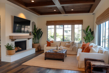 Fototapeta premium Modern American style living room with wood flooring and brown accents