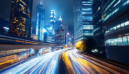Obraz premium A bustling city at night, with skyscrapers illuminated and traffic creating streaks of light