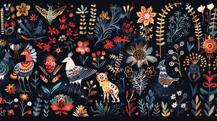 Naklejka premium An illustrated scene of Native Scandinavian textiles with Nordic folk art designs