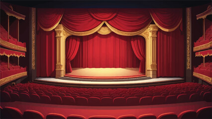 Grand Theater with Stage, Red Velvet Curtains, and Royal Spectators in Dramatic Cartoon Style

