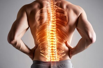 bodybuilding man with athletic body holding waist, with glow effect on spine