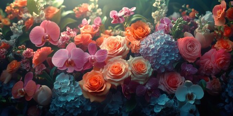 Vintage Floral Wall with Vibrant Roses Hydrangeas and Orchids