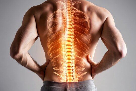 bodybuilding man with athletic body holding waist, with glow effect on spine