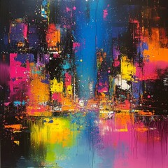 Obraz premium Abstract Cityscape Painting with Vibrant Colors and Splashes