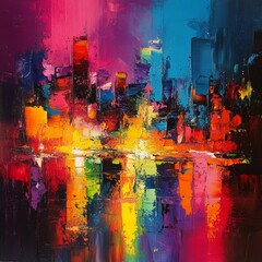 Fototapeta premium Abstract Cityscape Painting with Vibrant Colors and Thick Brushstrokes